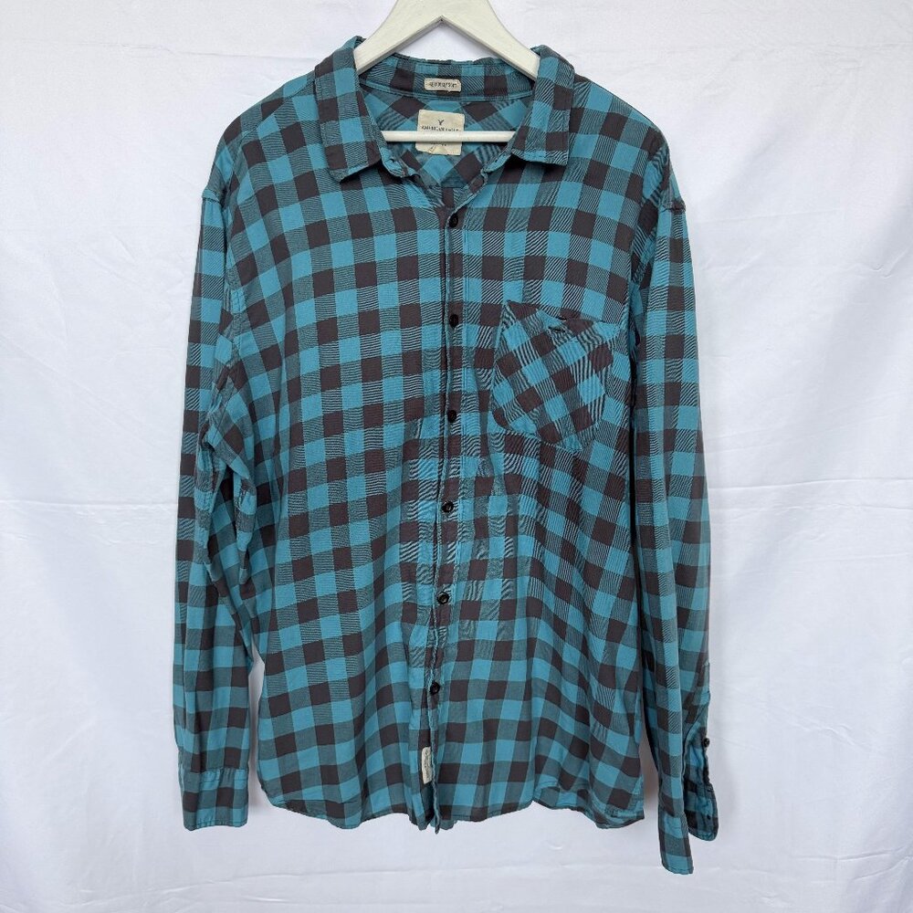American Eagle Black Blue Plaid Checker Button Shirt